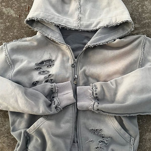 Huili Distressed Washed Heavy Weight Cotton Zipup <b>Hoodies</b> <b>Men</b> Custom logo Design Vintage Ripped <b>Oversized</b> Zip up <b>Hoodies</b> - Product Image 3