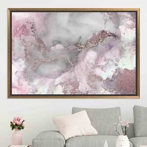 Shimmery Alcohol Ink Glass Print: Printed Canvas Art, Pink & Gray Marble Design,GOLD <b>FRAMED</b> CANVAS - Product Image 1