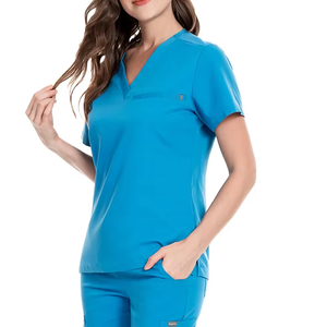 Ensemble de gommages tissés pour femmes haut de poche à col en V et pantalon de survêtement à cordon extensible uniforme d'allaitement - Product Image 3