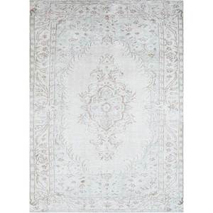 Tapis en laine noué à la main vintage ivoire, motif médaillon abstrait rectangulaire pour salon et couloir, Pae-492, techniques artisanales - Product Image 1