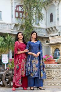 Rajasthani Floral Long Kurti Main Bloc Imprimé Coton Long Indien Romain Soie Coton Kurta Pantalon Ensemble Dames Filles À Manches Longues - Product Image 4