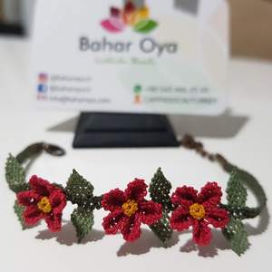 İğne Oyası Üç Çiçekli Bileklik Koyu Pembe Moda Broşü Bileklik Koyu Pembe - Product Image 1