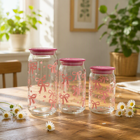 Gobelet en verre pour canette de bière, personnalisé OEM, esthétique, rose, avec ruban imprimé en forme de nœud papillon