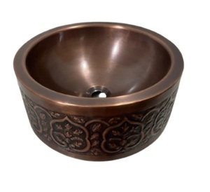 Lavabo/lavabo de baño de granja de cobre puro con forma redonda antigua con material metálico de diseño en relieve de flores - Product Image 6