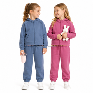 Survêtement pour filles avec détails surpiqués, en mélange de coton, haut à capuche zippé et bas de jogging à cordon de serrage, faible MOQ, prix d'usine - Product Image 2