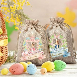 Personalized Cute Bunny Floral Wreath Ribbon Jute <b>Drawstring</b> Gift Bag Casual Name Custom Easter Hunting Party Bag for Boys Girls - Product Image 3