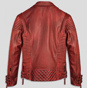 Blouson moto en cuir véritable pour homme, rouge et blanc, avec fermeture éclair, col rabattable, respirant, style automne - Product Image 6