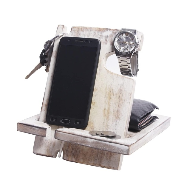 Wooden Phone Docking Station Desk Organizer for Smartphone with Key Holder Wallet Stand and Watch Organizer Men's Gift Android