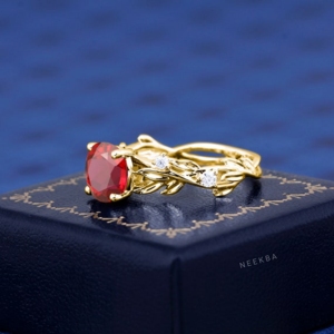 Anillo de compromiso de plata 925 de rubí cultivado en laboratorio de corte redondo, diseño de hoja de estilo británico, anillo hecho a mano, opción de reemplazo de piedras preciosas - Product Image 3