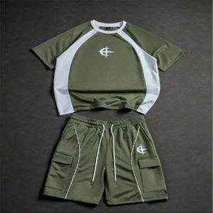 Camiseta Corta de Corte Cuadrado con Bolsillos Cargo, Diseño Personalizado, Transpirable, de Poliéster/Algodón, Estilo Urbano para Hombre, Conjunto de 2 Piezas - Product Image 1
