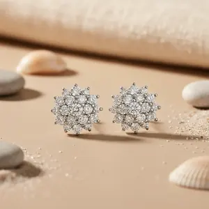 Pendientes de Botón de Flor de Plata Chapada en Oro de 18K de Moda para Mujer con Circonita Cúbica y Perla Geométrica como Piedra Principal para Compromiso - Product Image 2