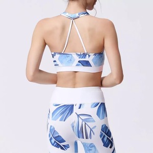 Women Yoga Set <b>Blue</b> Geometric Print <b>Crop</b> <b>Top</b> Leggings Breathable Spandex Polyester Seamless Fitness Wear Quick Dry Eco-Friendly - Product Image 4