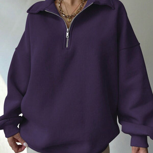 Sudadera morada de gran tamaño con media cremallera, Jersey de algodón ecológico, ajuste holgado, hombro caído, manga larga, ropa de calle acogedora de invierno - Product Image 1