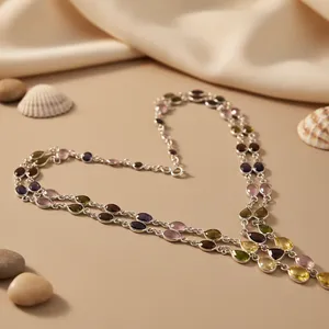 <b>Women's</b> 925 <b>Sterling</b> <b>Silver</b> Multi-Gemstone Beaded Link <b>Chain</b> Necklace Trendy Gold Plated Wedding Gift Third Party - Product Image 3