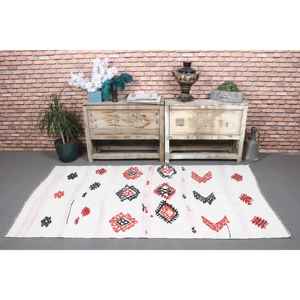 Alfombra Vintage, Alfombra Turca Decorativa de 3.5x6.5 pies, Alfombra de Lana Blanca con Estampado Animal - Product Image 2