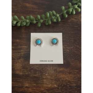 Annette Chiquito Kingman Turquoise & Sterling Silver Stud <b>Earrings</b> <b>Horse</b> <b>Shoe</b> Post with Bezel Setting - Product Image 1
