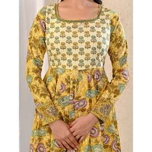 Vestido Anarkali de Algodón Estampado Amarillo Jaal, Transpirable, Estilo Hippie, Talla Única, Largo hasta la Rodilla, para Bodas y Fiestas Diurnas - Product Image 2