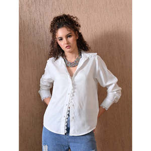 Chemise en viscose à col montant, coupe classique, avec détails en dentelle festonnée, style bohème moderne, tissée respirante, pour le bureau et l'été - Product Image 4