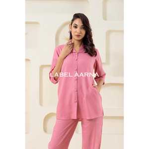 Ensemble coordonné à col châle en viscose rose uni pour femme - Product Image 2