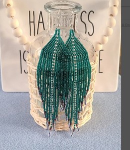 Long Teal Fringe with Crystal & <b>Amethyst</b> Accents, Handmade Fringe <b>Earrings</b> Boho Beaded Fringe <b>Earrings</b> Feather Bead <b>Earrings</b> - Product Image 1