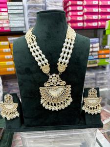 Conjunto de collar Vintage Kundan, joyería india, conjunto de boda con cuentas nupciales a la moda con pendientes de patrón de campana de perlas, moda al por mayor - Product Image 2