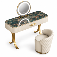 Ensemble de table de maquillage de luxe avec miroir LED, dessus en marbre, tiroir, chaise rembourrée, taille et couleur personnalisées, garantie de 2 ans