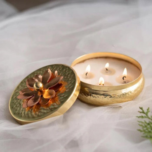 Metal Iron Hammered Design With <b>Lid</b> Wax Candle Holder Votive Candle Jar Gold Finished Candle Container Jar for Table <b>Decorations</b> - Product Image 2