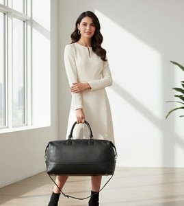 Black Genuine Leather Foldable Duffle <b>Bag</b> Polyester Lining for Men <b>Women</b> Large Travel Tote <b>Gym</b> Carry-On Luggage Gift for Him Her - Product Image 5