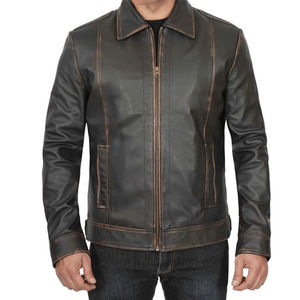 Chaqueta de Cuero Marrón Casual para Hombre, con Dos Bolsillos Laterales y Dos Interiores, Cuello Camisero con Cierre de Cremallera - Product Image 4