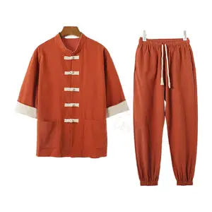 Heren Katoenen Linnen Kung Fu Pak Chinese Martial Arts Uniform Meditatiepak Oprolbare Mouw Kikker Overhemd Broek Outfit