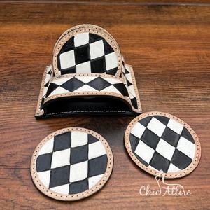 New Checkered Leather Coaster Set 4 <b>PC</b> With <b>Stand</b> Portable Premium Real Genuine Leather Coffee Table Cup mat Gift for Him or Her - Product Image 1
