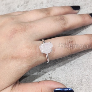 Joyería de piedra en bruto, anillo para mujer, en bruto de cuarzo rosa Natural piedra preciosa, banda de punta de piedra natal de abril, anillo de Plata de Ley 925 de Navidad - Product Image 2