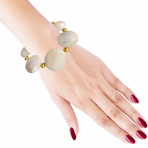 Natural MOP <b>Beaded</b> <b>Bracelet</b> Large Round Mother of Pearl Style Statement Bangle Adjustable Boho Chic Jewelry - Product Image 2