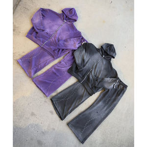 Ensemble survêtement personnalisé de haute qualité pour homme, pantalon de survêtement évasé et sweat à capuche, ensemble en coton, sweat à capuche zippé avec strass - Product Image 5