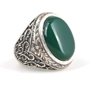 Hand-Engraved 925 Sterling <b>Silver</b> Oval <b>Ring</b> for <b>Men</b> with Green Agate Stone (Rhodium Plated) - Product Image 2