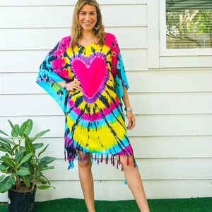 Women's Plus Size Maxi Casual Dress Tie-Dye <b>Kaftan</b> Swimwear Cover <b>Summer</b> Beach Boho Abaya Slit Design Hand Tassel V-neck Natural - Product Image 1