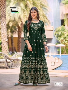 Anarkali Women Dress <b>Red</b> Color 3/4 Sleeve Floral Pattern Rayon <b>Fabrics</b> - Product Image 4