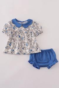 Conjunto de bombachos con estampado floral Vintage para niñas, Top azul bonito y bombachos con volantes, suministro ODM para el verano - Product Image 4