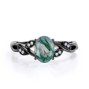 แหวนพลอยวิกตอเรียทรงรีสีเขียวมอสและเพชรเซอร์โคเนียทรงลูกบาศก์สีเงิน925สำหรับงานแต่งงาน - Product Image 1