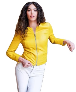 Veste en cuir véritable jaune pour femme, sans col, col rond, fermeture éclair sur le devant, en peau de mouton, style motard, personnalisée, élégante, coupe ajustée, vêtement d'extérieur - Product Image 6