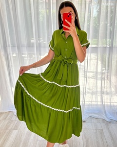 100% algodón bohemio Maxi vestido Floral verde sólido con patrón lindo decoración cintura Natural hasta el suelo vacaciones ropa de playa - Product Image 1