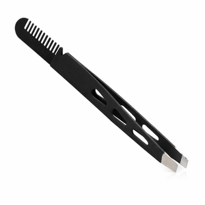 Pinzas para Cejas Negras con Peine, Acero Inoxidable, Punta Inclinada, Depilación de Precisión, Antideslizantes, Herramienta 2 en 1 para Cejas - Product Image 1