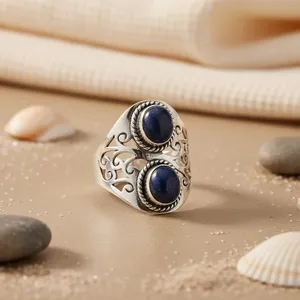 Bague de cocktail vintage style Bohème plaquée argent 925 avec saphirs naturels sertis clos, cadeau d'anniversaire de mariage pour femme - Product Image 1