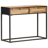 Furnitur Ruang Tamu Desain Modern Finishing Hitam Alami Meja Konsol Lipat Dua Laci Rotan Kayu Mangga Solid Kasar Hotel