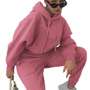 Hot New Ensemble d'entraînement d'automne pour femmes de haute qualité Couleur unie Terry Sweat à capuche court et joggeurs comprenant des pantalons de survêtement avec capuche - Product Image 5
