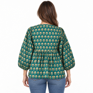 Blusa india con estampado de bloques, diseño floral bohemio, transpirable, cuello en V, manga abullonada, botones, top corto de algodón puro para otoño/verano - Product Image 5