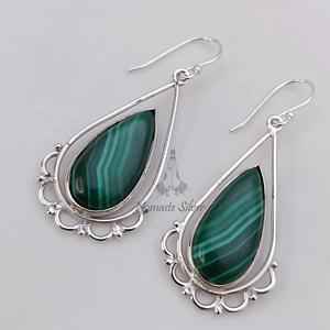 Malachite <b>Earrings</b>, 925 <b>Sterling</b> <b>Silver</b> Natural Pear Shape Gemstone <b>Dangle</b> Jewelry - Product Image 5