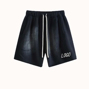 กางเกงขาสั้นผู้ชายเอวยางยืด ล้างสีแบบแอซิด ขอบดิบ ดีไซน์วินเทจขาดๆ ผ้าเทอร์รี่คอตตอน กางเกงขาสั้นผ้าฝ้ายเนื้อนุ่ม เป็นมิตรกับสิ่งแวดล้อม สีพื้น - Product Image 2