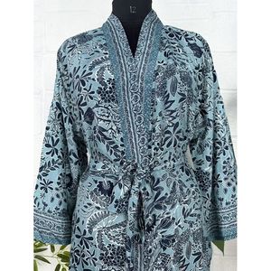 Bohemian Blue Black Floral New Silk Sari Kimono Luxury Anniversary Birthday Gift for Her Women's Regal House <b>Beach</b> <b>Robe</b> Single - Product Image 2