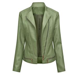 Chaqueta corta de cuero para motocicleta con cremallera clásica para mujer, versión informal coreana, PU delgada con procesamiento de punto relleno de algodón - Product Image 1